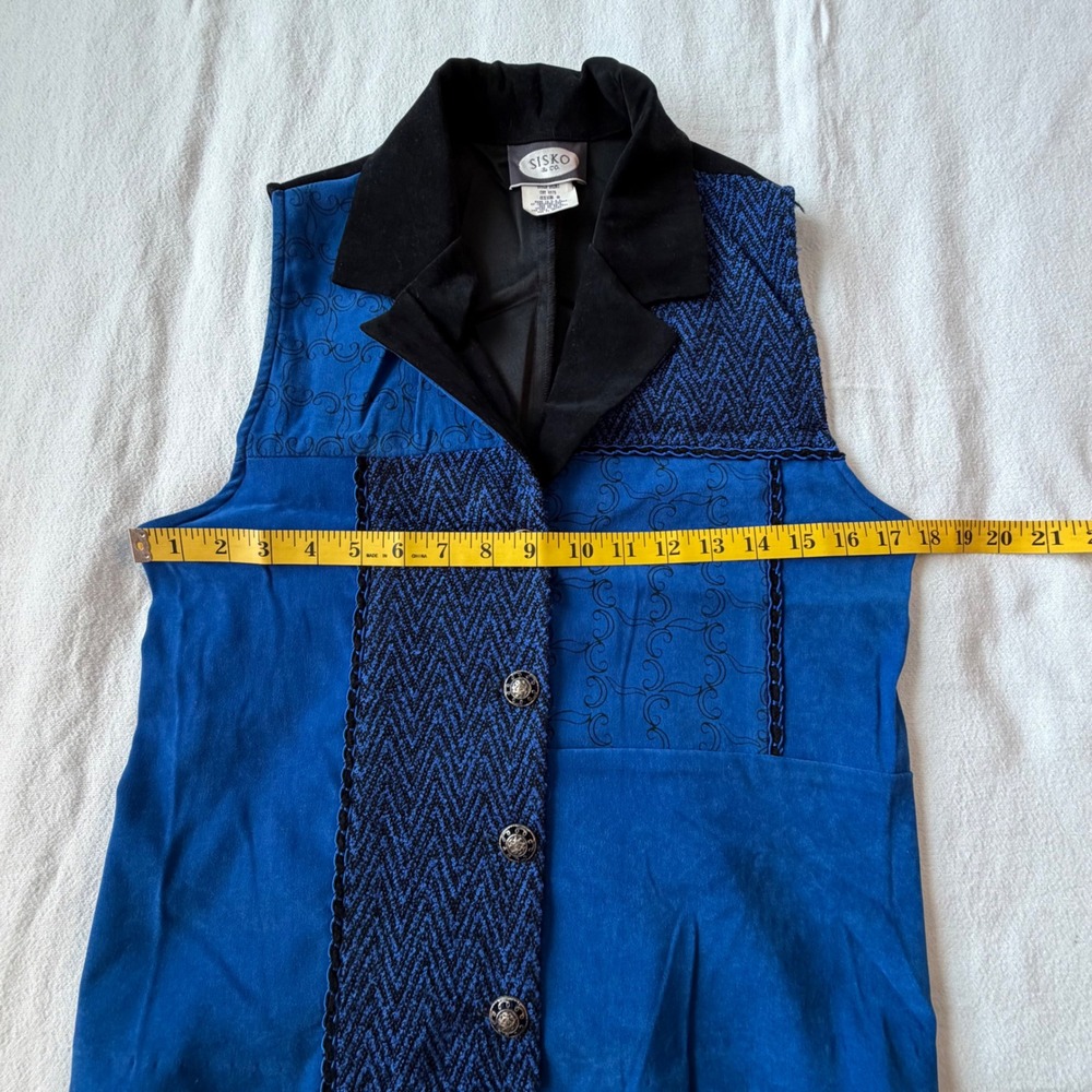 Sisko VTG Blue Black Patchwork Embroidered Button Front Vest Ornate Buttons S - Picture 9 of 10